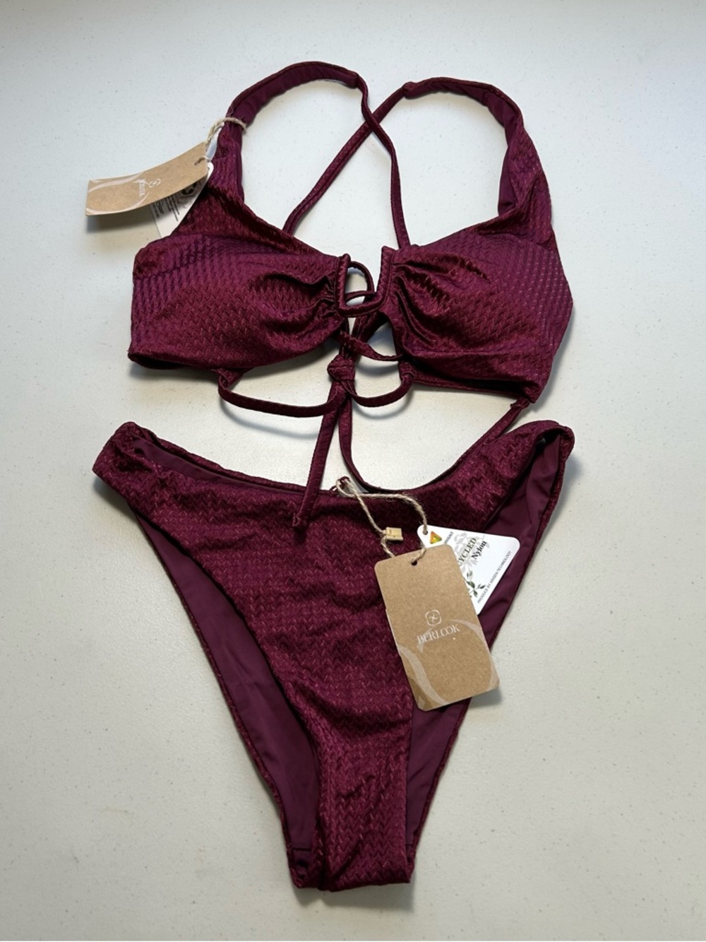 BERLOOK Burgundy Wine Red Textured Adjustable Strap Bikini Set Swimwear XS/S
